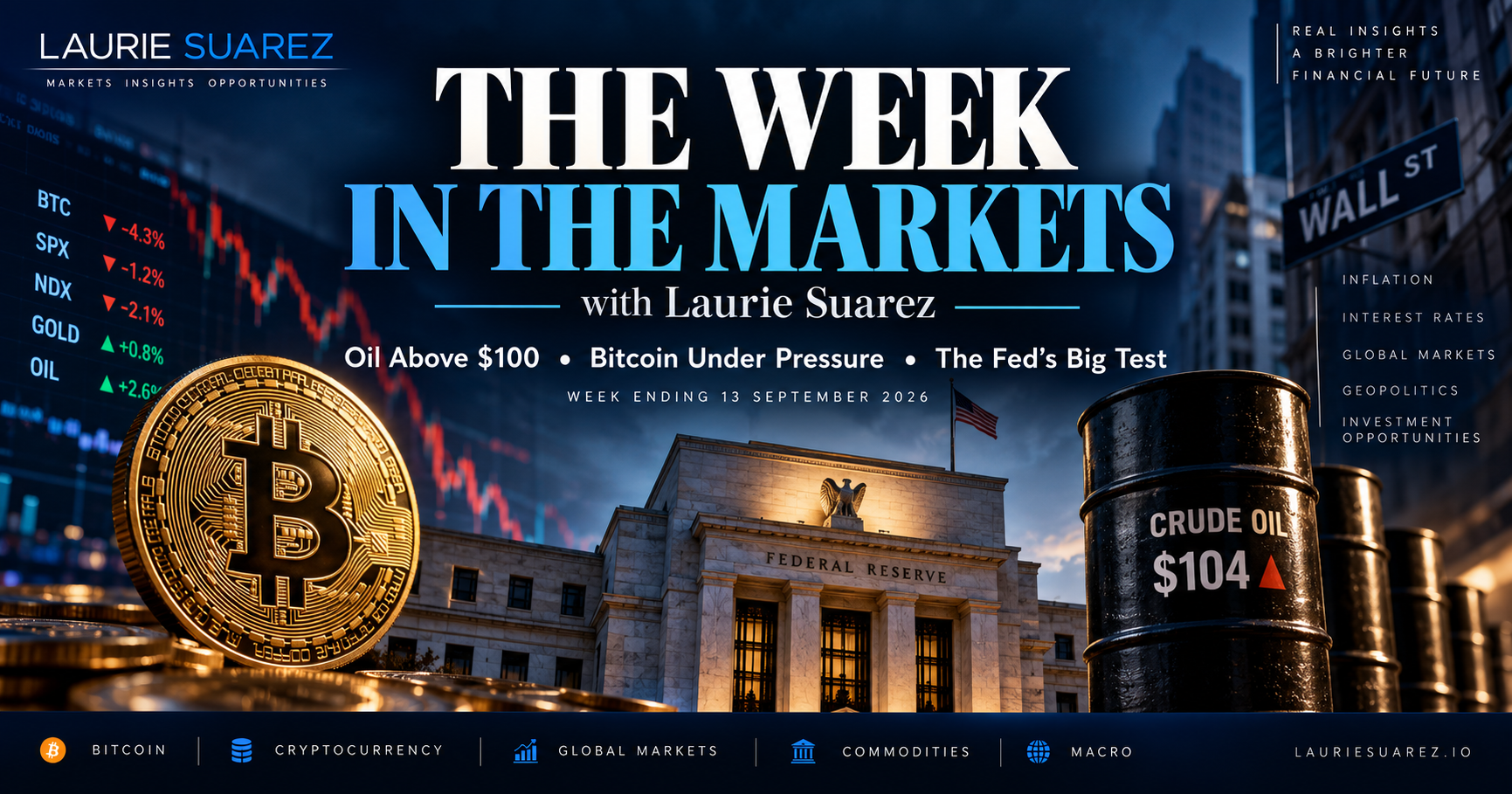 “The Week in the Markets: Bitcoin, Oil & the Fed | Laurie Suarez — 13 September 2026.”